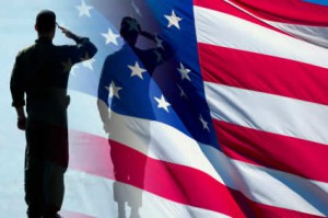 Red, white, and blue American flag with soldiers saluting
