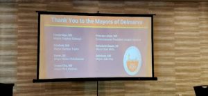 Projector screen with thank you message to mayors of Delmarva