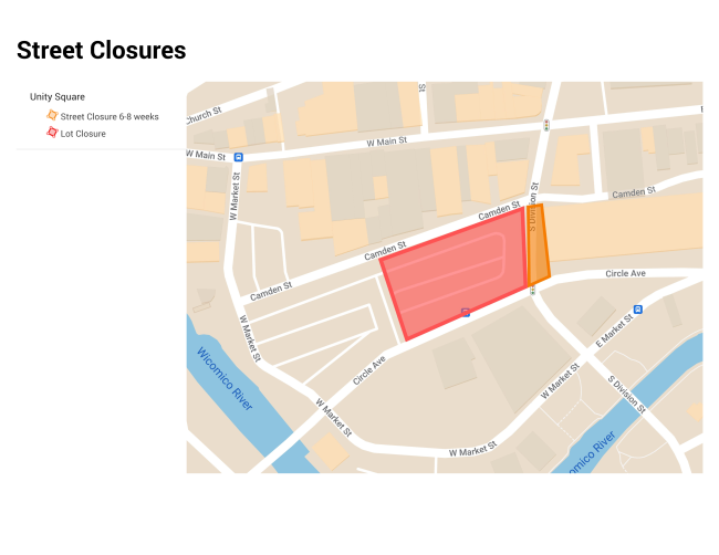 illustrated street map indicating a red box where streets will be closed in salisbury maryland