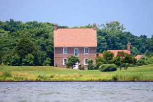 exterior of brick building on water