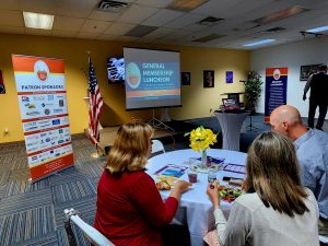 Picture of people watching a presentation at a luncheon