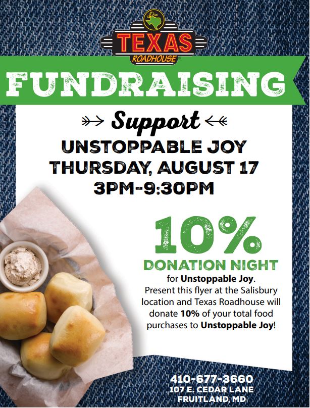 texas roadhouse flyer for august 17 2023 fundraiser for unstoppable joy