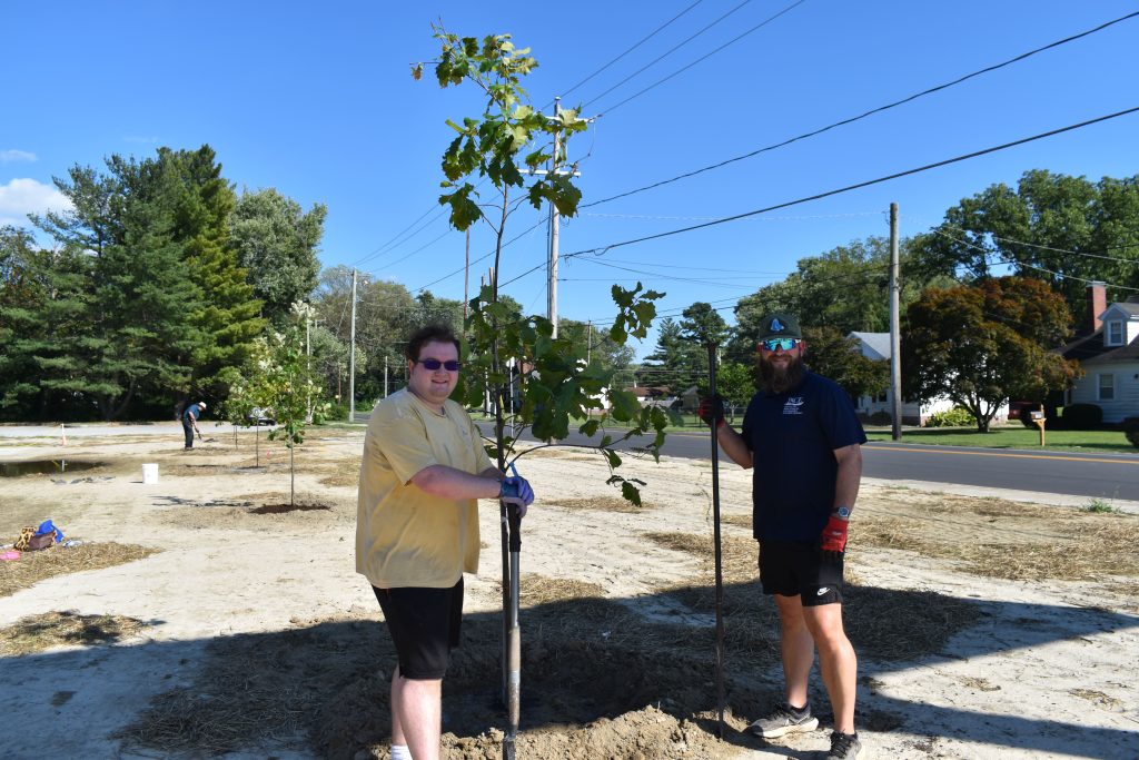 two students from Salisbury University planting a tree