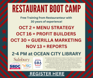 Flyer about Restaurant Boot Camp with red stripes along the border