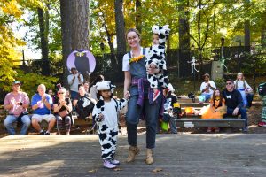 Mother and two children dressed up in Halloween costumes at the Salisbury Zoo