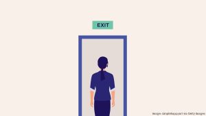 Animate woman walking through an Exit door
