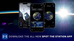 three smart phones showing the NASA app for Spot the Station