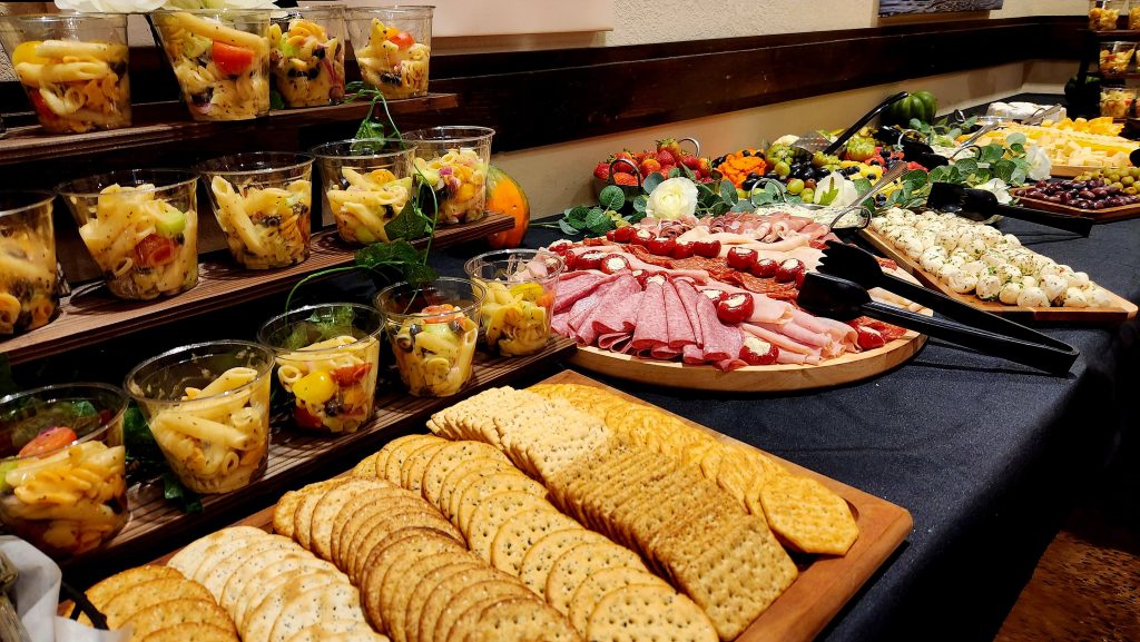 Table of cheese crackers and meats