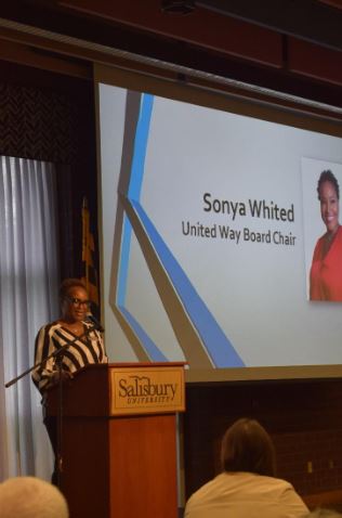 United Way Board Chair Sonya Whited speaking at Salisbury University