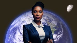 African American female standing in front of planet Earth