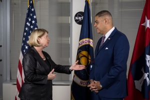 NASA Deputy Administrator Pam Melroy speaks with Under Secretary of Commerce for Minority Business Development, Donald Cravins, Jr., Tuesday, Oct. 17, 2023, at the Mary W. Jackson NASA Headquarters building in Washington
