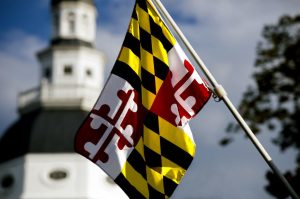 Maryland flag waving outside of a building