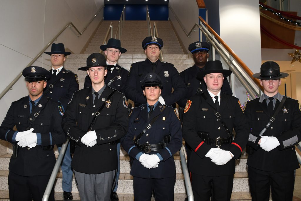 Graduates from the Upper Shore who were part of the 91st entrance-level law enforcement class of the Eastern Shore Criminal Justice Academy operated by Wor-Wic Community College in Salisbury are shown, in the front row, from left, Matthew Viramontes of the Denton Police Department, Jeremy Eckel of the Federalsburg Police Department, Hillary Wroten of the Centreville Police Department, Christopher Mueller of the Easton Police Department and Dakota Walton of the Queen Anne’s County Sheriff’s Office. In the back row, from left, are Aaron Grauel and Logan Miller of the Caroline County Sheriff’s Department; and Andrew McConnell and Maurice Paulina of the Cambridge Police Department.