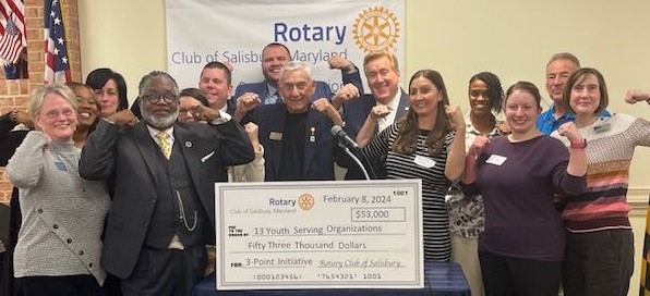 Representatives of 13 local organizations that provide services to youth on the Lower Eastern Shore received checks totaling $53,000 from the Rotary Club of Salisbury through its 3-Point Initiative that works to promote leadership, integrity, and academic achievement.