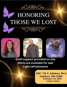 flyer with three headshots honoring those who died from addiction
