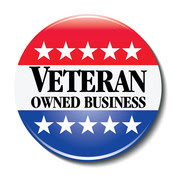 red, white, and blue badge for a Veteran Owned Business