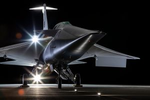 NASA’s X-59 quiet supersonic research aircraft is dramatically lit for a “glamour shot,” captured before its Jan. 12, 2024, rollout at Lockheed Martin’s Skunk Works facility in Palmdale where the airplane was constructed.