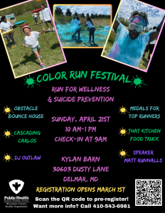 Informative flyer about the Color Run at Kylan Barn