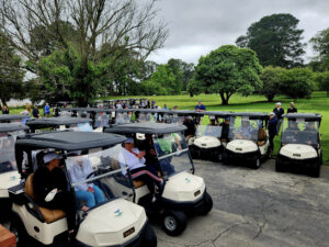 Golf carts lined up ready to go