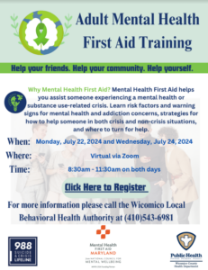 Flyer for adult mental health first aid training