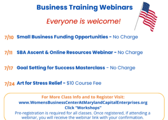 Maryland Capital Enterprises Women’s Business Center Announces Series of Free and Low Cost Webinars for July 2024