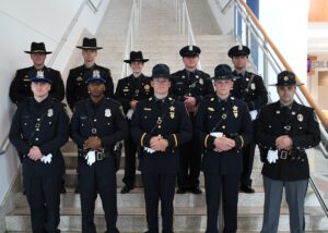 UPPER SHORE GRADUATES. Graduates from the Upper Shore who were part of the 92nd entrance-level law enforcement class of the Eastern Shore Criminal Justice Academy operated by Wor-Wic Community College in Salisbury are shown, in the front row, from left, Dylan Candleana and Devin Stanley of the Cambridge Police Department; Nicholas Lednum and Garrett Walker of the Dorchester County Sheriff’s Office; and Mahlon Allebach of the Federalsburg Police Department. In the back row, from left, are David Hall, Owen Joseph and Emily Rossner of the Talbot County Sheriff’s Office; and Jamison Barnett and Clayton Shirkey of the Denton Police Department.