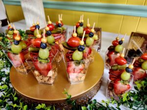 Decorative fruit cups on a wood table