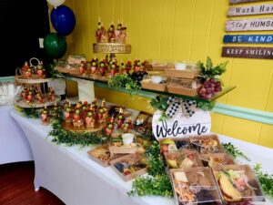 Welcome table full of food