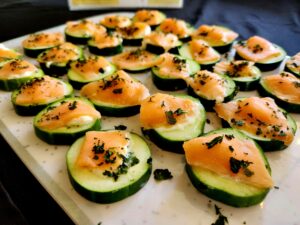 Table display of sliced cucumbers