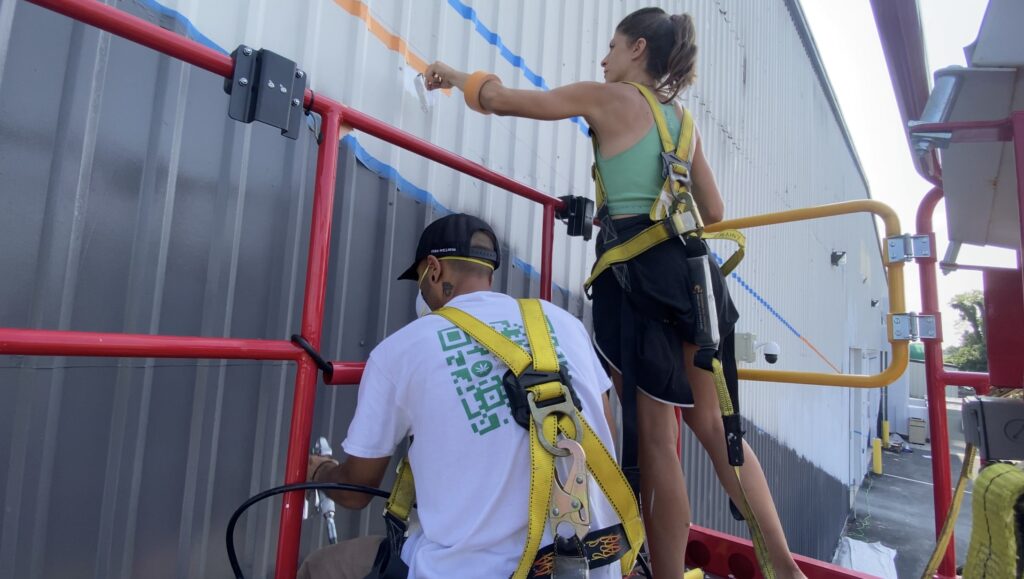 Two painters working on a mural