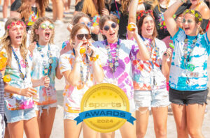 group of people cheering