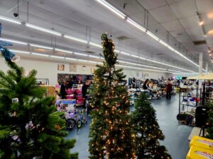 store with christmas trees and gifts for sale