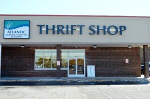The front of a thrift shop building.
