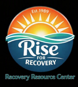 rise-for-recovery-logo Circular logo set against a black background featuring a rising sun and ocean waves. Visual Elements: A bright yellow-and-orange sunburst with white rays at the top, bordered by the text "Est. 1989". Below the sun are flowing teal and green waves separating the top from a deep blue lower half. Main Text: The words "Rise FOR RECOVERY" are written in bold white typography across the middle of the emblem, with "Rise" in a stylized script font. Subtext: Below the main emblem, the words "Recovery Resource Center" are written in blue sans-serif text outlined in white.