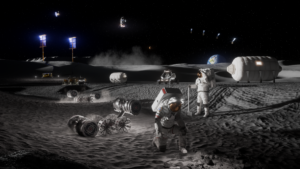 stmd-exteriorlunarbase-hdlandscapeversion-2026-0521 1 A detailed concept illustration of a futuristic lunar base setup on the gray, dusty surface of the Moon under a dark, star-filled sky with Earth visible in the background. In the foreground, an astronaut kneels in the lunar regolith while another stands nearby holding a tool. Surrounding them are several robotic rovers, inflatable habitat modules, tall vertical solar panel towers, and spacecraft or satellites flying through space above.